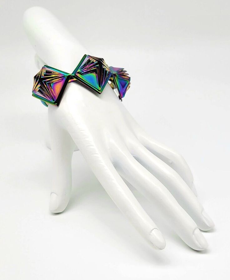 Lotus Cuff Bracelet, Pyramid Bracelet, Futuristic Bracelet, Triangle Bangle, Rainbow Cuff Bracelet, Punk Cuff Bracelet, Eddie Borgo Pyramid - Etsy Modern Adjustable Multicolor Cuff Bracelet, Iridescent Bracelet For Party, Adjustable Iridescent Bracelet Jewelry, Adjustable Iridescent Bangle Bracelet, Adjustable Iridescent Bangle Jewelry, Iridescent Adjustable Bangle Bracelet, Iridescent Adjustable Bangle Jewelry, Metallic Metal Bracelets For Party, Iridescent Bangle Jewelry For Gifts