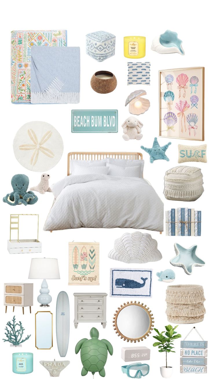 a collage of sea themed items including a bed, dresser and other things on display