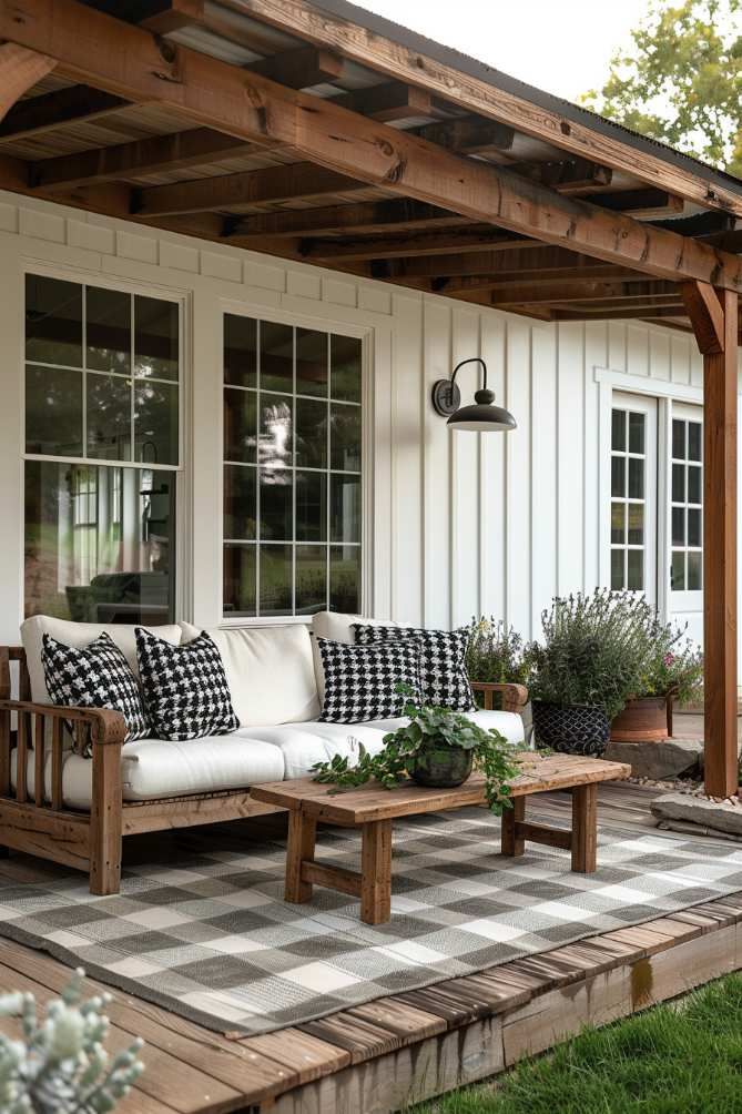 a white couch sitting on top of a wooden bench under a pergolated roof