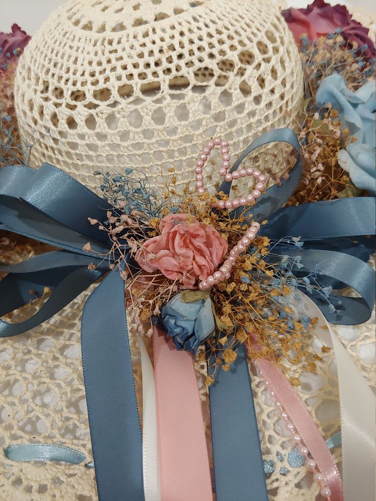 "Amazing vintage starched crocheted decorative hat. This beauty has so many details added to it. It is decorated with gorgeous pink pearls shaped into hearts, pink and blue flowers, babys breath, and blue ribbon. One of a kind piece. Ready for use or display. Approx. 16\"D X 5.75\"D in the opening for head X 3.5 - 3.75\"H PLEASE LOOK AT ALL PICTURES. PLEASE take advantage of the ZOOM feature to enhance the areas for better details. Please message me with any questions, I want you to be happy wit Whimsical Handmade Pink Crochet Hat, Handmade Pink Flower Hat, Whimsical Pink Handmade Crochet Hat, Pink Handmade Flower Hat, Pink Flower-shaped Handmade Hats, Bohemian Pink Flower Hat, Pink Bohemian Flower Hat, Adjustable Hats With Handmade Flowers For Gifts, Adjustable Hats With Handmade Flowers As Gift