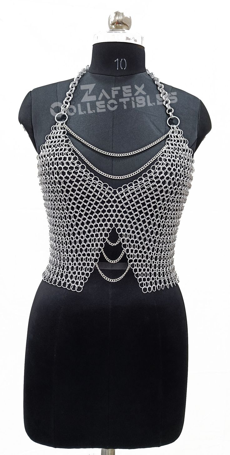 Chainmail Top/Bra, Metal Chain Layers, Aluminum Jump Ring, body Jewelry Stylish Medieval Top Ren Faire Cosplay Costume, Festival Outfit Product Details Material : Aluminum,  Ring Size : 09mm, 16 Gauge Ring type : Butted Ring Color : Silver Finish : Anodized All Size And All Gauge are available You can also share your costume size The product that we offer to our clients are high quality, beautifully designed and high performance. If you have any questions please write to me. Thanks If You Can No Chain Mail Ren Faire, Gothic Chain Body Jewelry For Festivals, Gothic Body Jewelry With Chain For Festivals, Gothic Festival Body Jewelry With Chain, Chain Mail Outfit, Chainmail Outfit, Chain Mail Pattern, Chain Mail Top, Chainmail Skirt