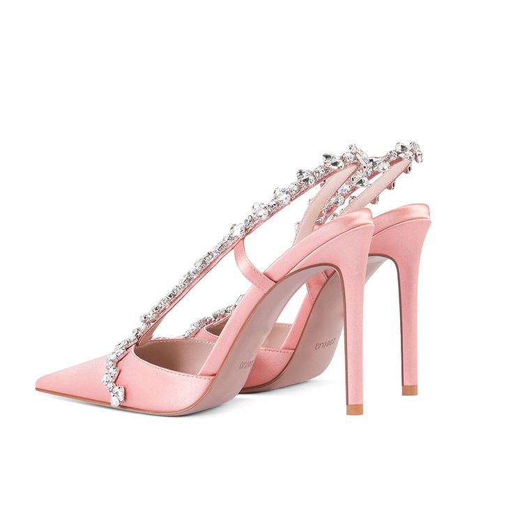 Shop Pink Satin Crystal Cross Strap Heeled Sandals Closed Toe Bridal Slingback Shoes color Pink for Going out, Party, Wedding, Work with worldwide Free shipping & Free return. Crystal Cross, Slingback Shoes, Pointed Toe Heels, Shoes Color, Valentino Studs, Shoe Size Chart, Pink Satin, Cross Straps, Heeled Sandals