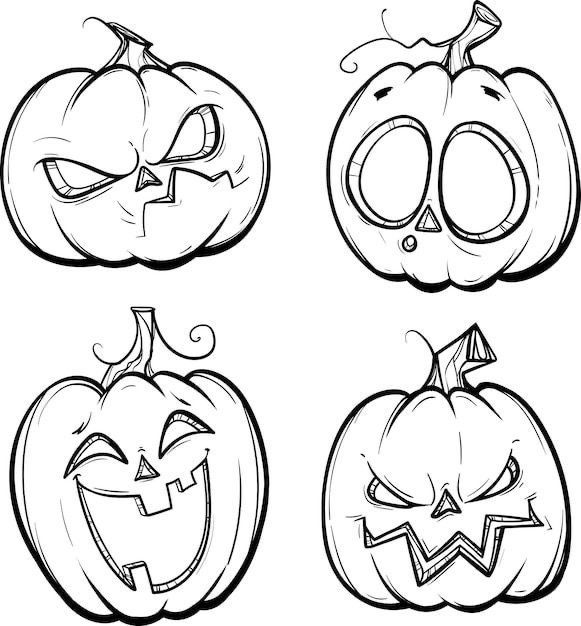 four pumpkins with faces drawn in black and white