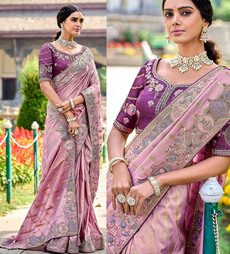 Purple Silk Saree Wedding, Lavender Color Saree, Purple Silk Saree, Silk Saree Wedding, Saree Party, Lehenga Bridal, Indian Dresses Online, Saree Party Wear, India Fabric