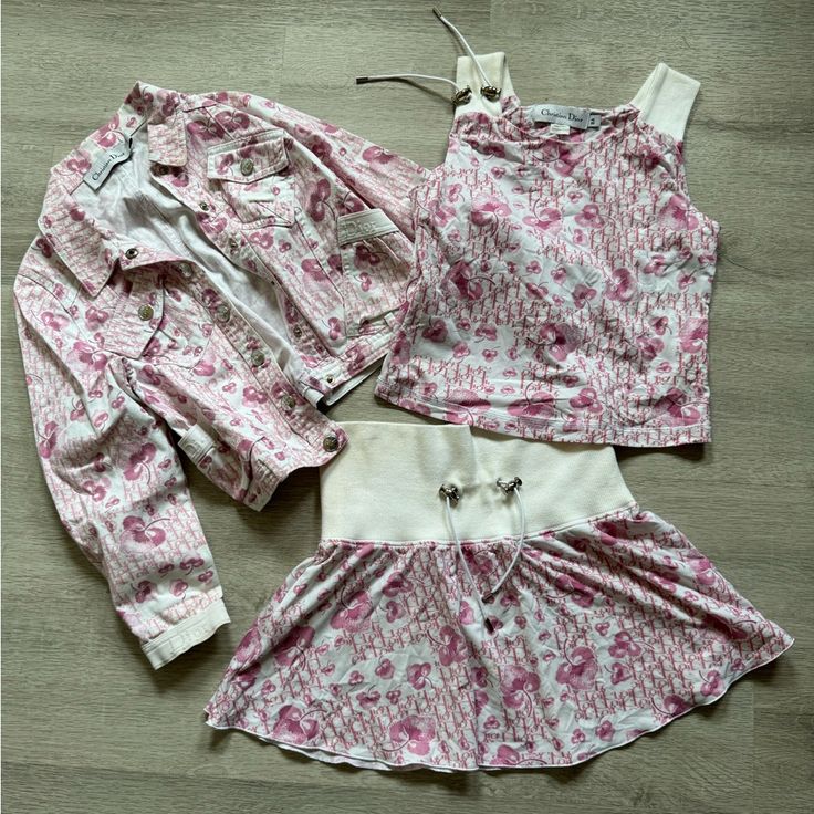 Great Condition It’s A Kids Set The Skirt And Shirt Is Size 8 Jacket Size 12 Designer Sets For Spring, Designer Fitted Summer Sets, Designer Fitted Sets For Summer, Dior Y2k, Cherry Blossom Color, Vintage Cherry Blossom, Pink 2000s, 2000s Tops, Dior Monogram