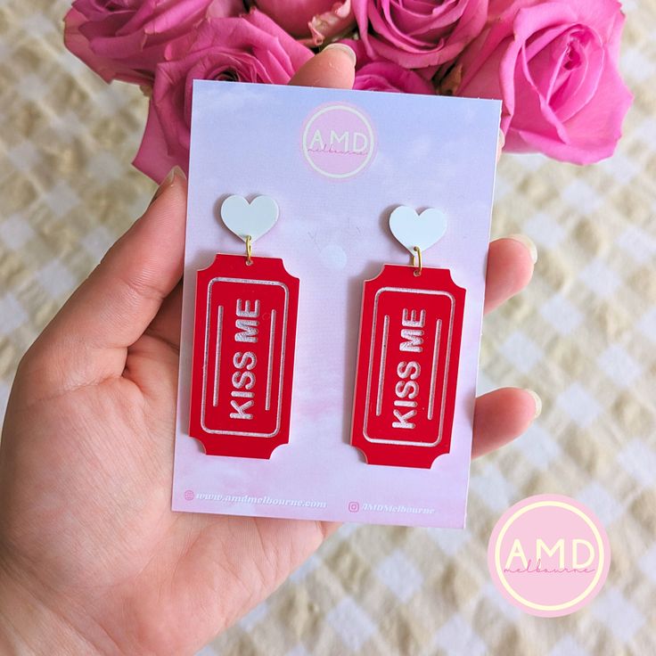 ️ PUCKER UP ❤️🎫✨ Get into the love-day spirit with our ADORABLE Valentine's Day themed earrings! Each pair is made lovingly by hand in my Melbourne studio using top quality acrylics sourced from fellow Aussie businesses  Our earrings are super lightweight and wear amazingly! Your ears won't have to suffer while you rock our stunning pieces 😍 Sizing: Each pair is sized at 2cm wide x 6.5cm tall (allow another .5cm for drop!) ✨ Find us on IG & Tiktok! @AMDMelbourne ✨ Acrylic Earring, Acrylic Shapes, Kissing Booth, Love Days, Acrylic Earrings, Jewelry Earrings Dangle, Melbourne, Red White, Valentine's Day