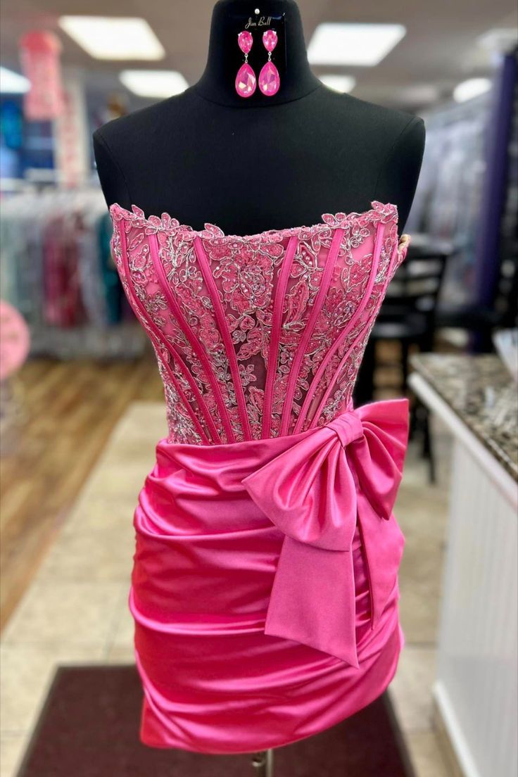 Strapless Hot Pink Appliques Ruched Homecoming Dress with Bow Hot Pink Homecoming, Hot Pink Homecoming Dress, The Hallow, Pink Homecoming, Pink Homecoming Dress, Ruched Skirt, Short Homecoming Dress, Lace Short, Hoco Dresses