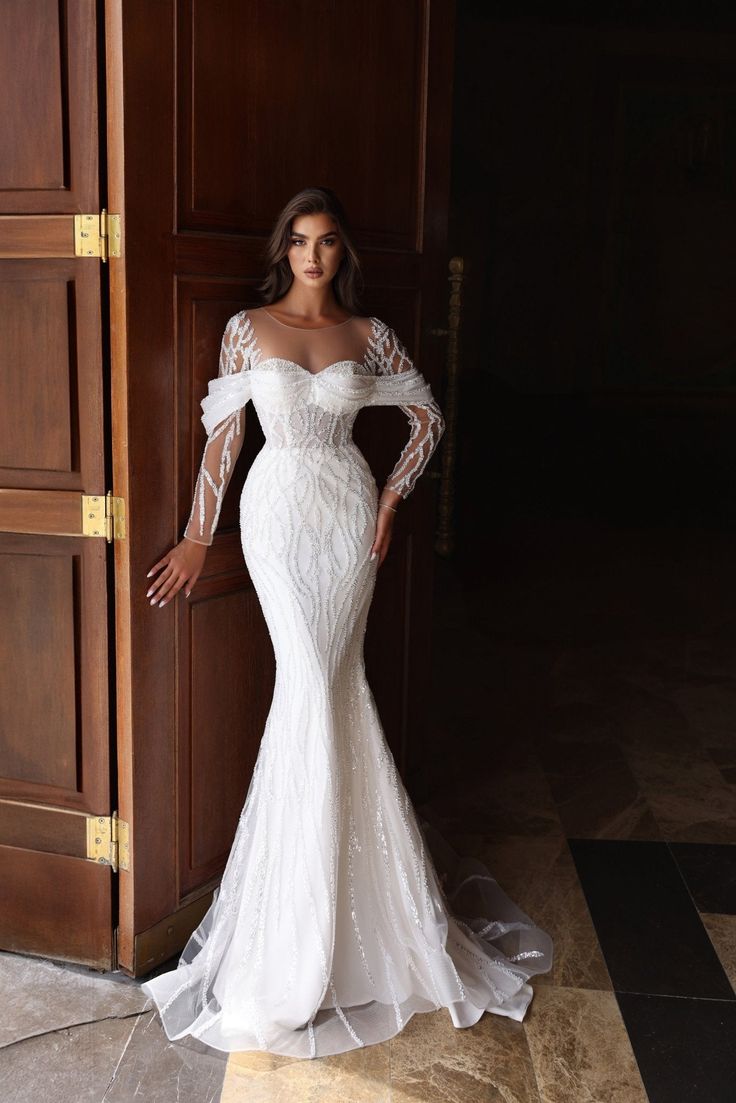 Timeless Elegance Off-the-Shoulder Lace Wedding Dress with Sheer Sleeves Plus Size - WonderlandByLilian Wedding Dress With Sheer Sleeves, Long Sleeve Mermaid Wedding Dress, Dress With Sheer Sleeves, Bridal Elegance, Trumpet Wedding Dress, Wedding Gowns Mermaid, Designer Bridal Gowns, Dresses Mermaid, Stunning Gowns