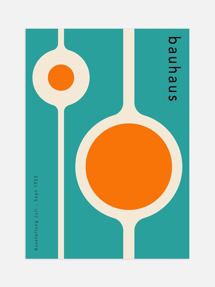 an orange and blue poster with two circles on it