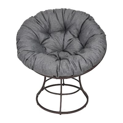 a round chair with metal frame and grey fabric seat pad on an isolated white background