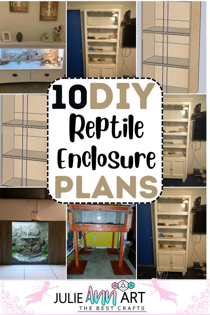 some shelves and drawers with the words 10 diy reptile enclosure plans