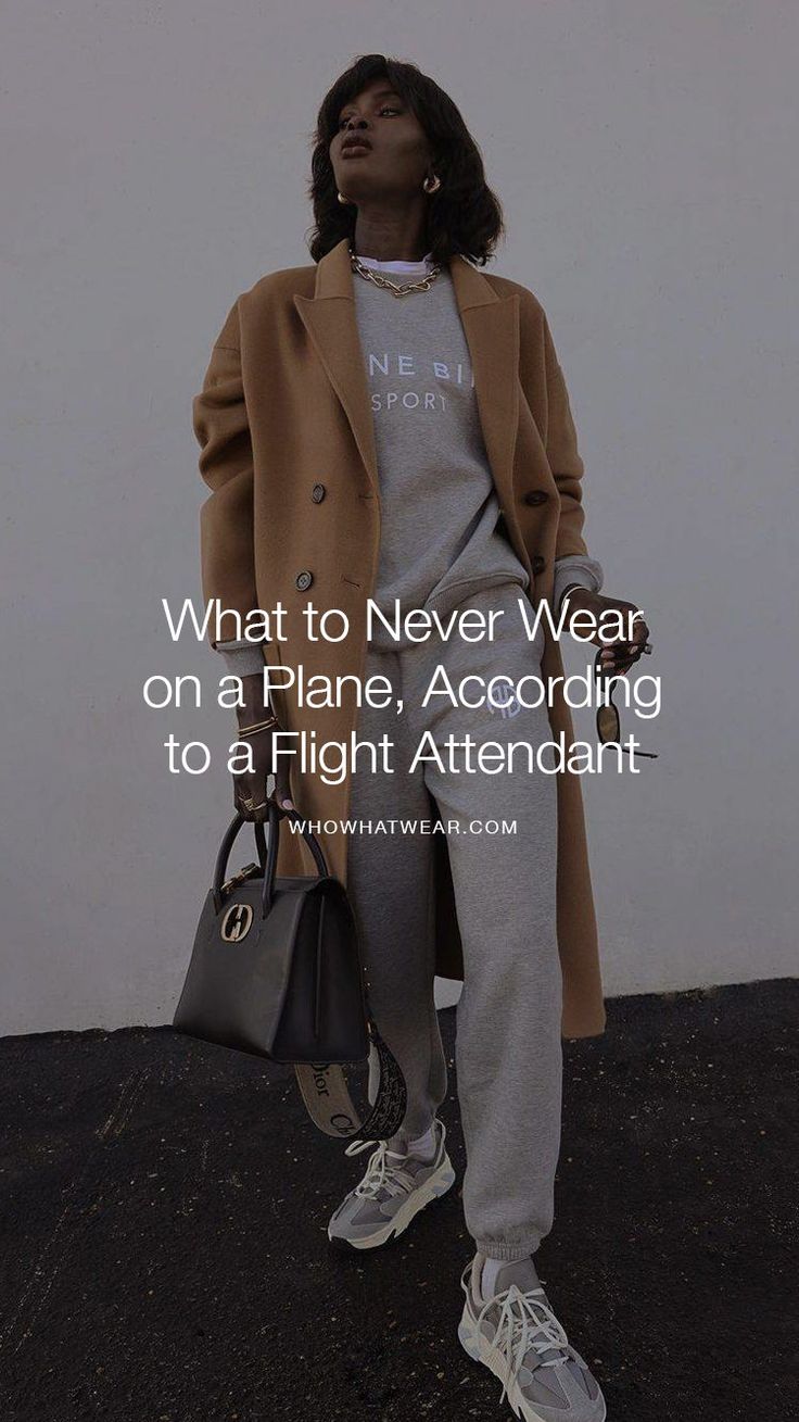 a woman standing in front of a white wall with the words what to never wear on a plane, according to a flight attendant