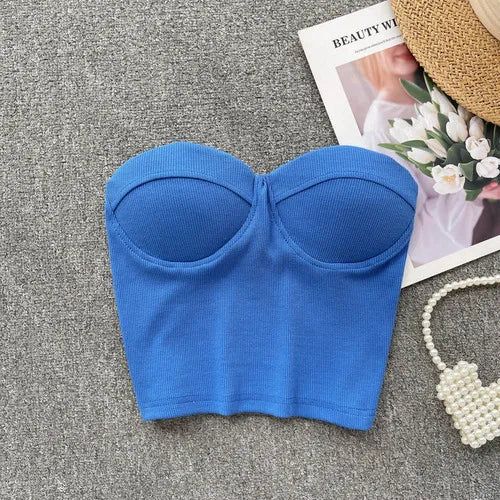 48538343833898 Strapless Summer Crop Top With Built-in Bra, Strapless Crop Top With Built-in Bra For Summer, Strapless Seamless Tube Top For Summer, Seamless Strapless Tube Top For Summer, Blue Tube Top With Built-in Bra For Summer, Spring Blue Seamless Tube Top, Trendy Solid Tube Top With Built-in Bra, Fitted Strapless Tube Top With Medium Bust Support, Blue Stretch Bandeau Crop Top