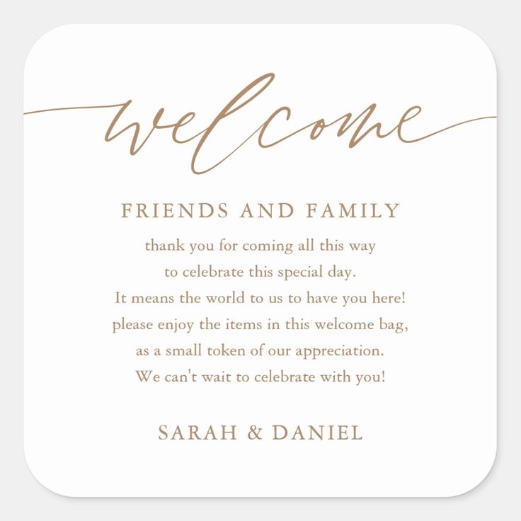 a welcome card for friends and family with the words, we come in gold foil