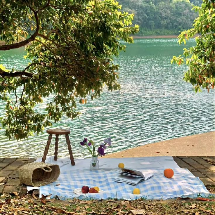 a picnic blanket on the edge of a lake with an umbrella and other items sitting on it