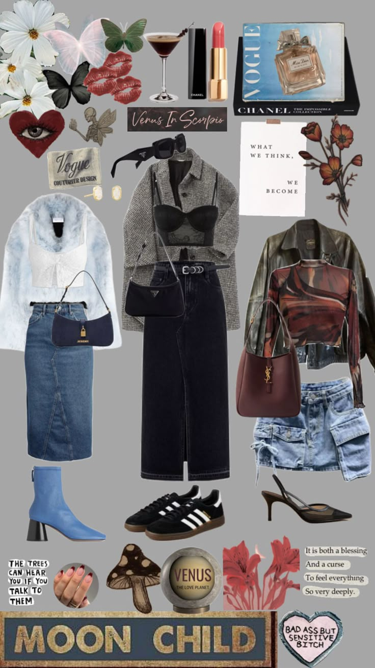 a collage of clothes and accessories including shoes, purses, hats, and other items