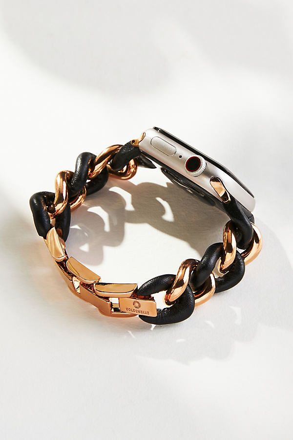 Stainless steel, leather, gold or rose-gold plating Removable clasps Imported | Leather Link Apple Watch Band 40/41mm by Goldenerre in Pink, Women's, Leather/Gold/Stainless Steel at Anthropologie Luxury Metal Watch Accessories, Luxury Adjustable Watch Band With Stainless Steel Clasp, Luxury Chain Link Watch Band With Bracelet Strap, Luxury Chain Link Bracelet Strap For Apple Watch, Luxury Apple Watch Chain Link Bracelet Strap, Luxury Apple Watch Band With Chain Link Bracelet Strap, Luxury Chain Link Apple Watch Band, Trendy Gold Watch Accessories With Leather Strap, Trendy Gold Watch With Leather Strap