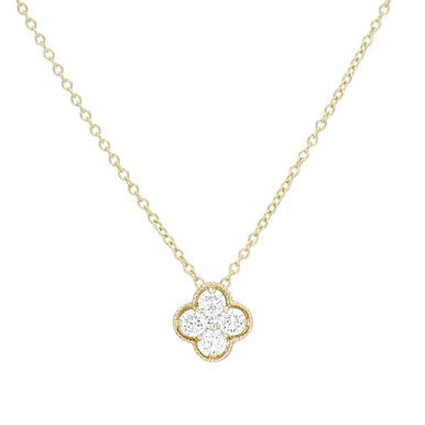 Delicate and perfect for every day wear, this pendant features round brilliant cut diamonds totaling 0.26 carats forming a clover, accented with a milgrain border. Classic Diamond White Flower Pendant Necklace, Classic Diamond Cut Flower Pendant Necklace, Classic Diamond White Diamond Necklace With Flower Pendant, Classic Diamond White Necklace With Flower Pendant, Classic Diamond Necklace With Flower Pendant For Anniversary, Classic Flower Pendant Diamond Necklace For Anniversary, Diamonds Direct, Delicate Pendant, Clover Pendant