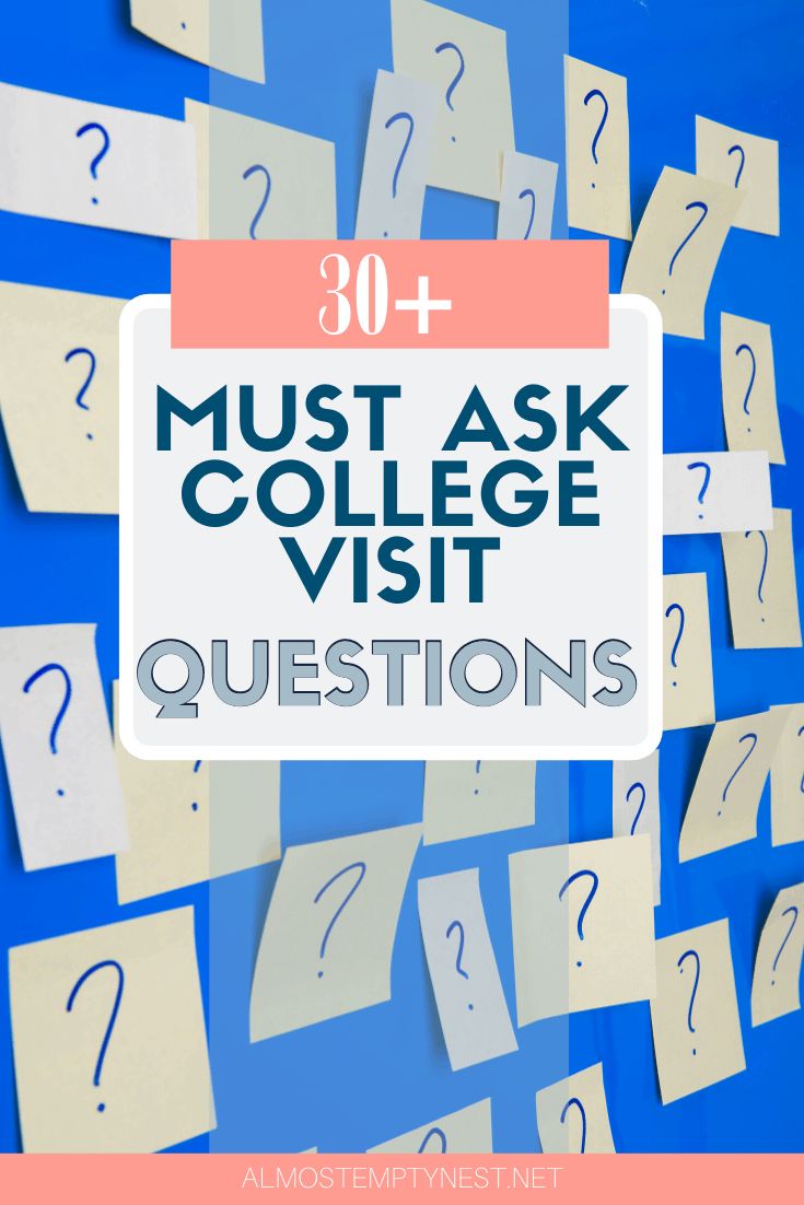 the words 30 + must ask college visit questions on a blue background with question marks