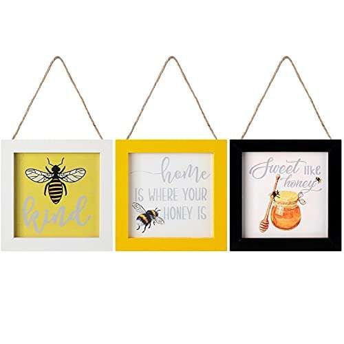 three framed pictures hanging on a rope with bees and honeybees in them, one is