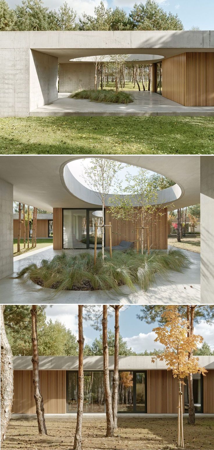 four different views of the inside and outside of a building with trees in front of it