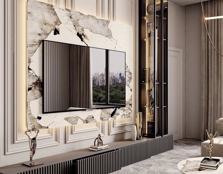 an elegant living room with marble walls and flooring, large mirror on the wall