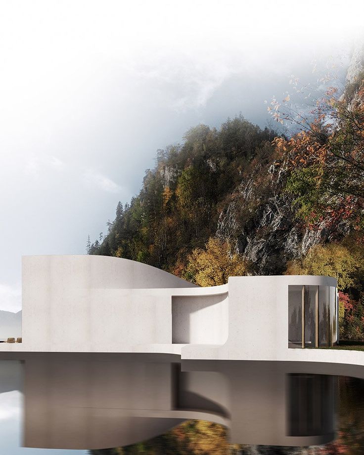 an artistic rendering of a house on the water's edge with mountains in the background