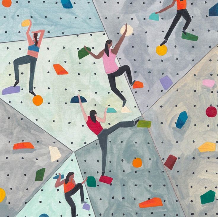 two people climbing on a rock wall with colored dots and circles around them, while another person holds an umbrella