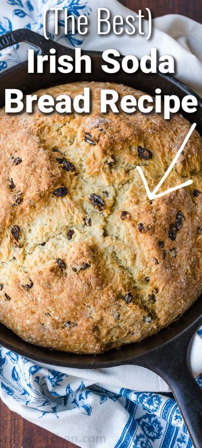 the best irish soda bread recipe in a cast iron skillet with text overlay