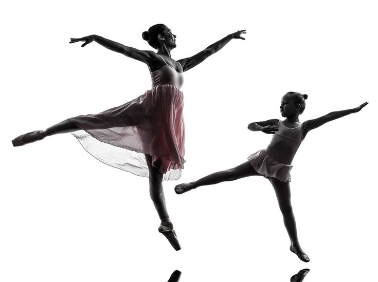 two ballerinas are in the air doing different poses with their arms spread out