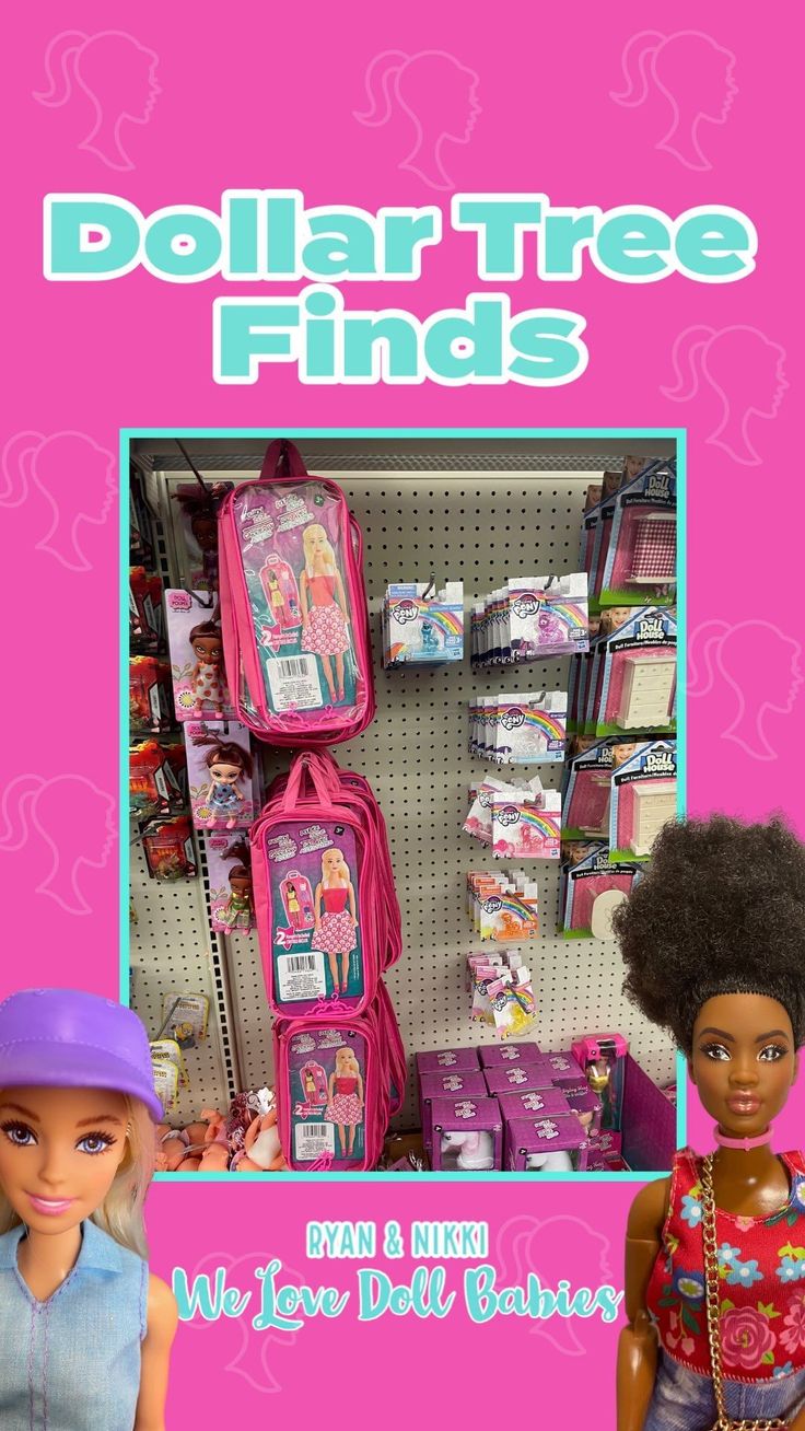 a barbie doll is standing in front of a pink background with the words dollar tree finds on it