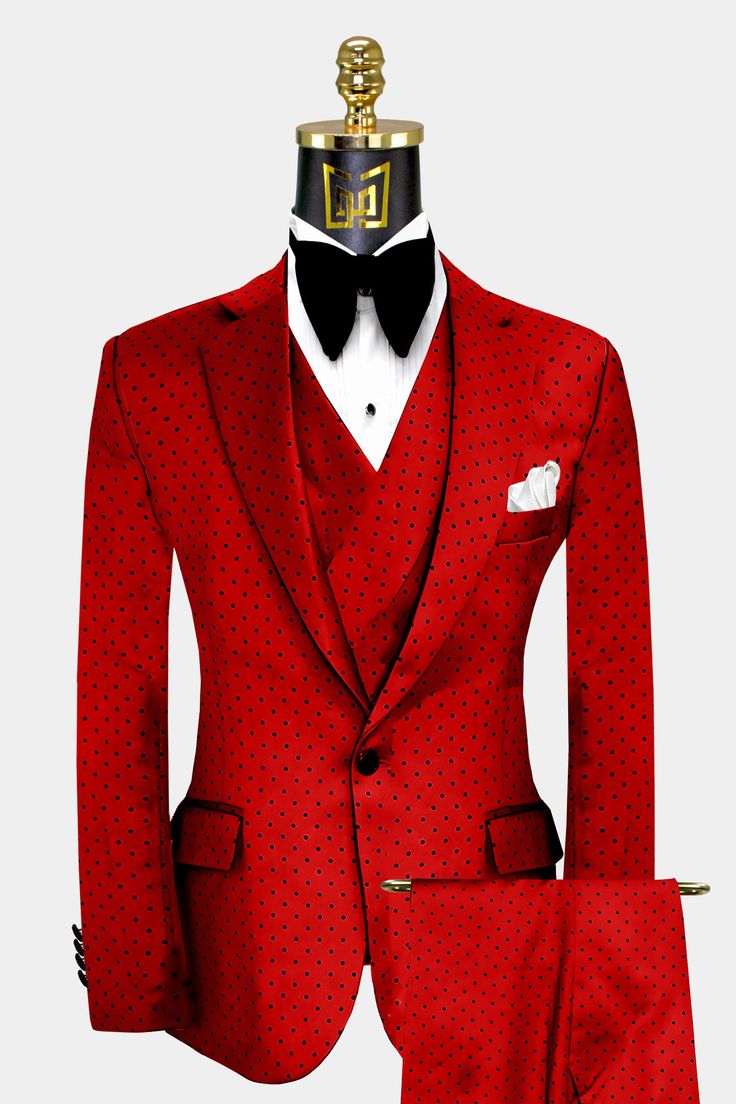 Red Suits For Men, Polka Dot Suit, Red Suits, Suit Prom, Red And White Weddings, Prom Tuxedo, Suit Pin, Dress Suits For Men, Stylish Suit