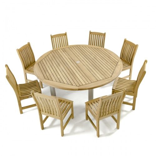 a wooden table with six chairs around it and one chair on the other side, in front of a white background