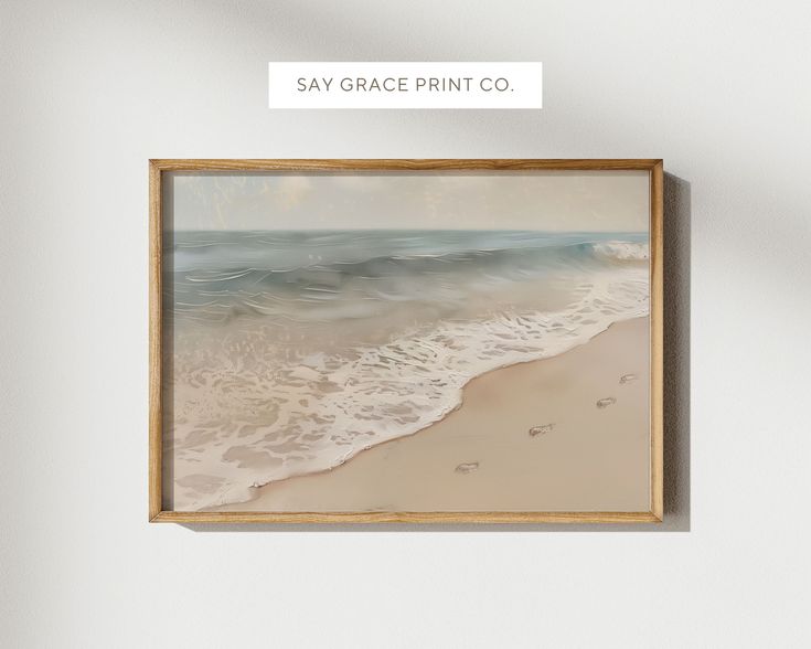 a painting hanging on the wall next to a white wall with a sign that says say grace print co