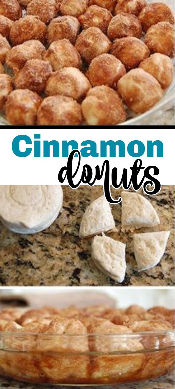 cinnamon donuts in a glass dish with the words cinnamon donuts above it and below them