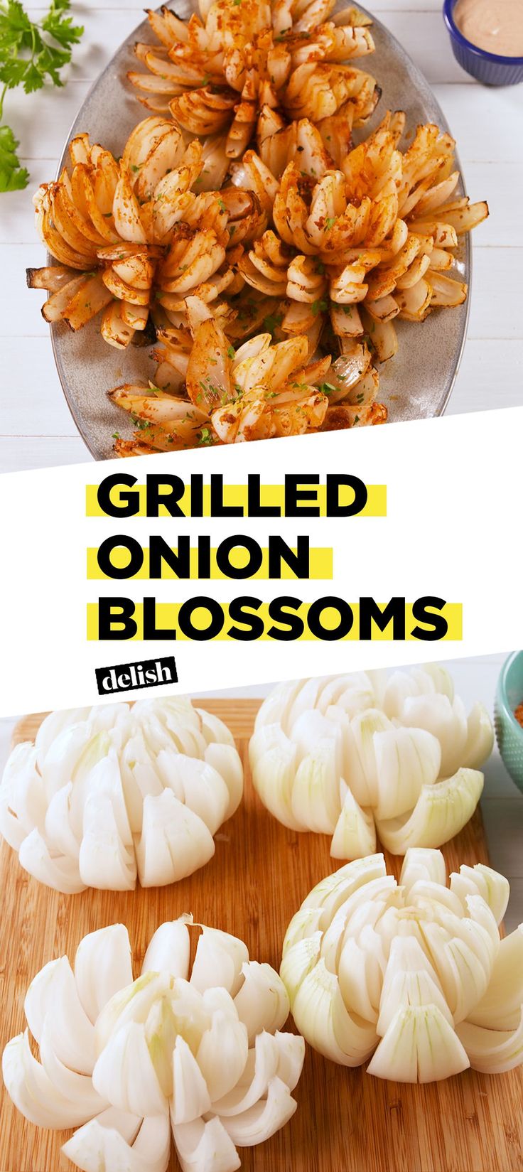 grilled onion blossoms on a wooden cutting board