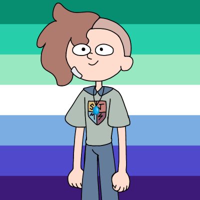 a cartoon character standing in front of a rainbow flag