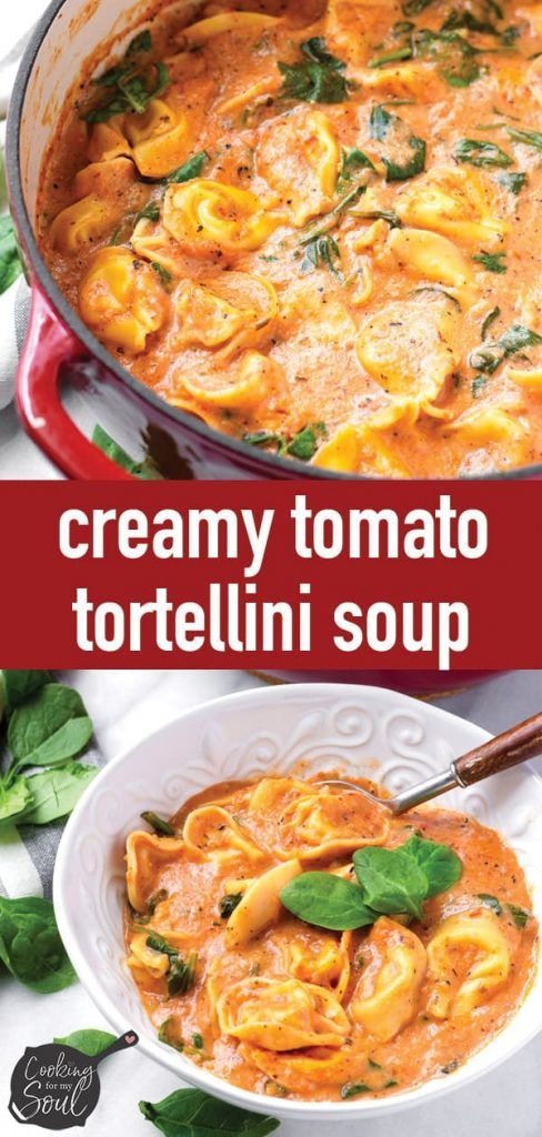 creamy tomato tortellini soup in a red pot