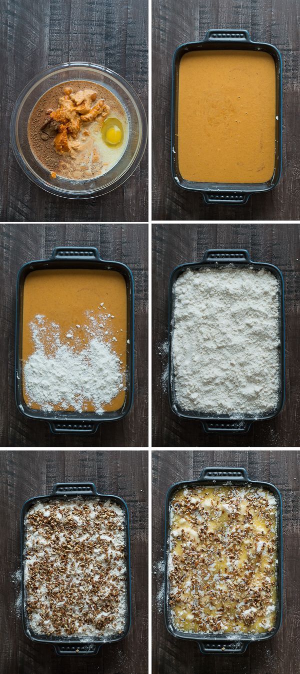 six images showing the steps to make an easy casserole with breadcrumbs