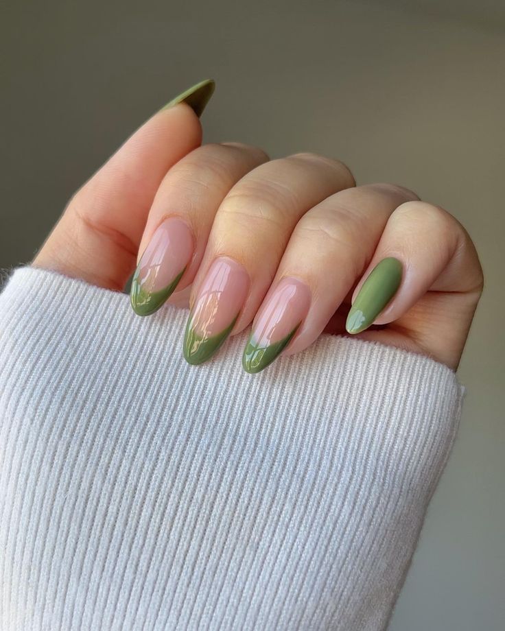 obsessed w olive tones for fall rn 🫒💚 colours used linked on my story 💞 —————— #fallnails #greennails #olive #frenchtips #nailinspo #gelnails green olive toned french tip nail inspo fall aesthetic minimal Olive French Nails, Sage And Black Nails, Olive Green Tip Nails, Subtle Green Nails, Olive Green Acrylic Nails, Green French Nails, Green French Tips, Nail Inspo Fall, Green French Tip