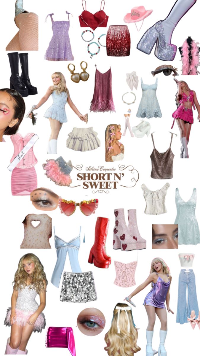 a collage of barbie dolls and clothes with the words short'n'sweet on them