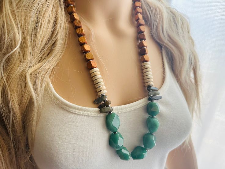 "💞ONE of a kind & ready to ship💞  Dress up any outfit - great for a night out or with a white tee! This is longer than most of the necklaces we carry, about 24\" plus an extra 4\" extender chain. These beads are vintage wood and agate pieces.  These are part of a capsule collection, the findings were purchased from a Rhode Island Jewelry Estate auction. Each jewelry piece was gently broken part, deep cleaned, then upcycled and repurposed into a new, fresh, and on trend piece of jewelry. That means it will never be able to be duplicated and is ready to ship! *Smoke and pet free home!* I ship 6 days a week. Thank you for browsing my store and supporting American small business!" Green Beaded Necklaces With Large Beads For Summer, Everyday Casual Summer Necklaces, Casual Everyday Summer Necklaces, Casual Everyday Summer Necklace, Casual Wooden Beads Jewelry For Summer, Casual Wooden Beaded Necklaces, Casual Everyday Jewelry With Wooden Beads, Casual Green Beaded Necklaces, Casual Green Beaded Necklace