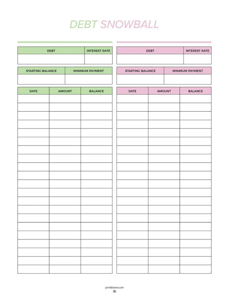 A debt snowball tracker printable with sections for tracking debt name, interest rate, starting balance, minimum payment, and columns for date, amount, and balance. Debt Snowball Tracker Free Printables, Free Debt Tracker Printable, Snowball Debt Worksheet Printable, Snowball Method Pay Off Debt Printable, Free Printable Debt Payoff Tracker, Debt Tracker Printable Free, Snowball Method Pay Off Debt, Debt Snowball Printable, Debt Snowball Tracker