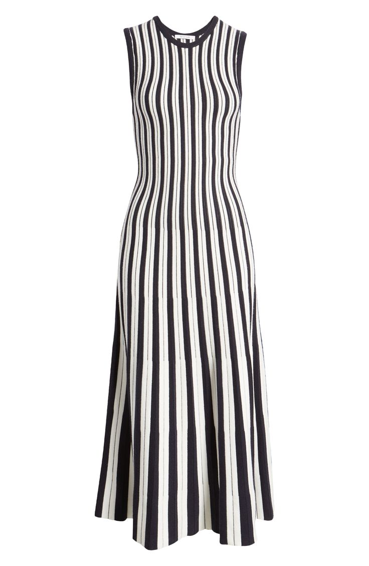 Vertically oriented stripes shape the contours of a fitted sweater-dress that stretches the season with a sleeveless silhouette. 44" length (size Medium) Slips on over head Crewneck Sleeveless Unlined 52% viscose, 29% polyester, 19% nylon Hand wash, line dry Imported Fitted Sleeveless Midi Dress With Vertical Stripes, Chic Striped Fitted Midi Dress, Fitted Midi Dresses With Vertical Stripes, Elegant Striped Bodycon Midi Dress, Striped Ribbed Fitted Dress, Ribbed Striped Fitted Dress, Fitted Knee-length Dress With Vertical Stripes, Elegant Fitted Midi Dress With Vertical Stripes, Striped Fitted Knee-length Midi Dress