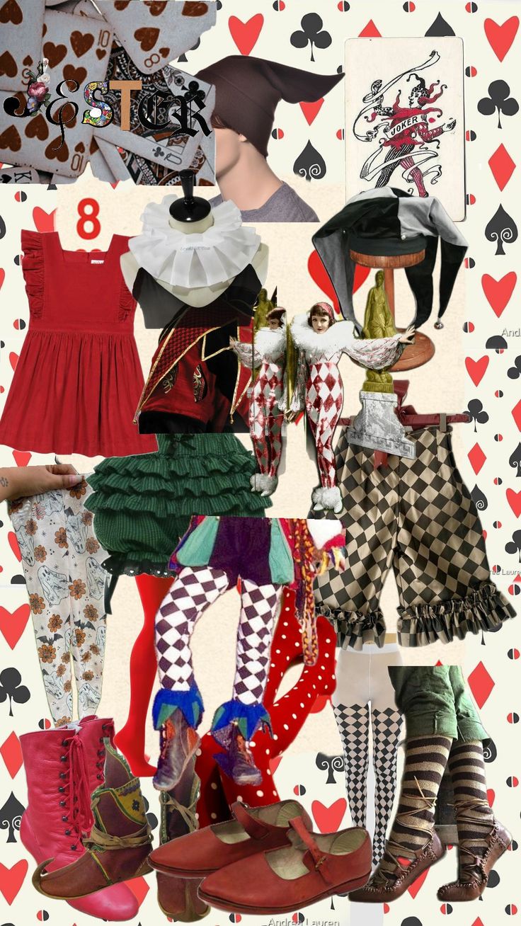 a collage of women's clothing and shoes with playing cards in the background