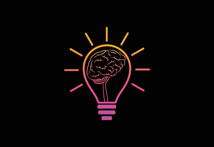 a light bulb with a brain inside it on a black background, which is colored in pink and yellow