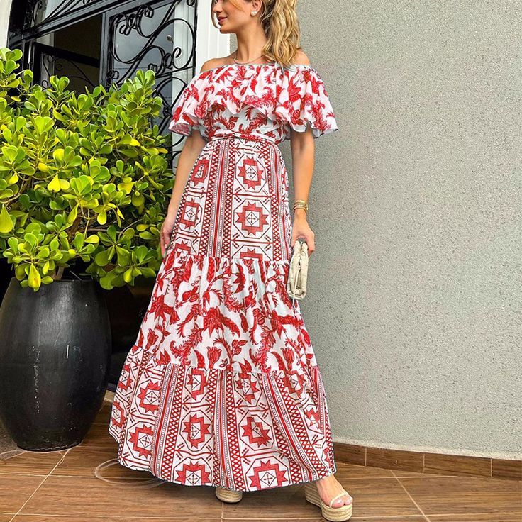 Women's Boho Dress Off-neck High-Waist Bohemian Dress European Beauty, Bohemian Print Dress, Croquis Fashion, Womens Boho Dresses, White Floral Maxi Dress, Boho Beach Dress, Bohemian Print, Off Shoulder Fashion, Vacation Dresses