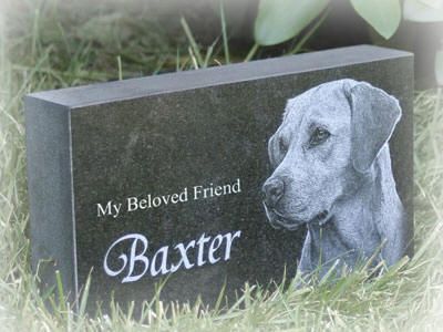 a memorial stone with a dog's face on it and the words, my beloved friend baxter