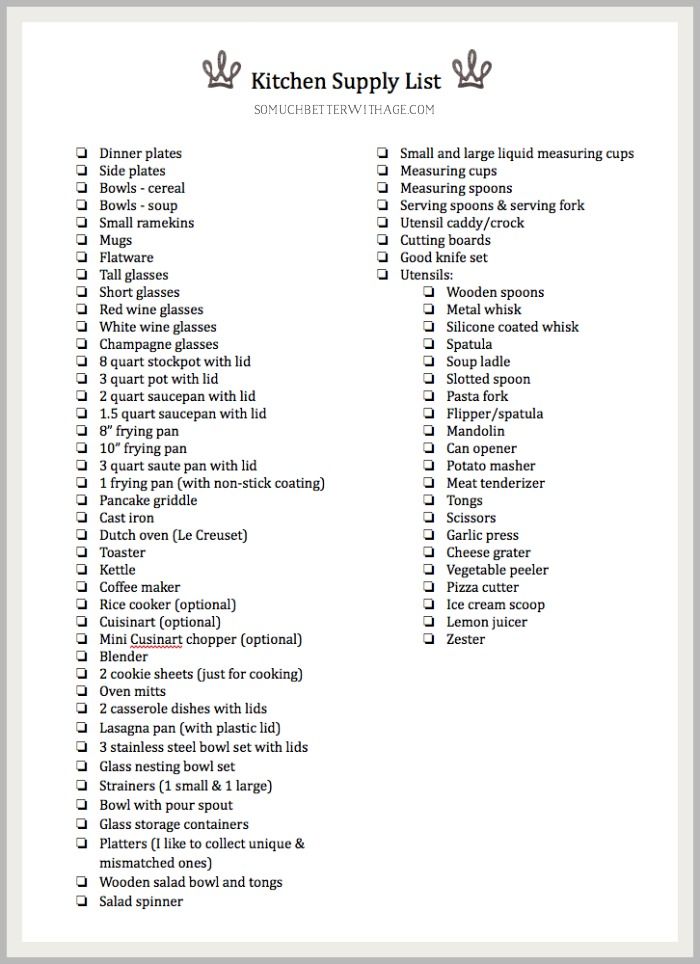 the kitchen supply list is shown in black and white