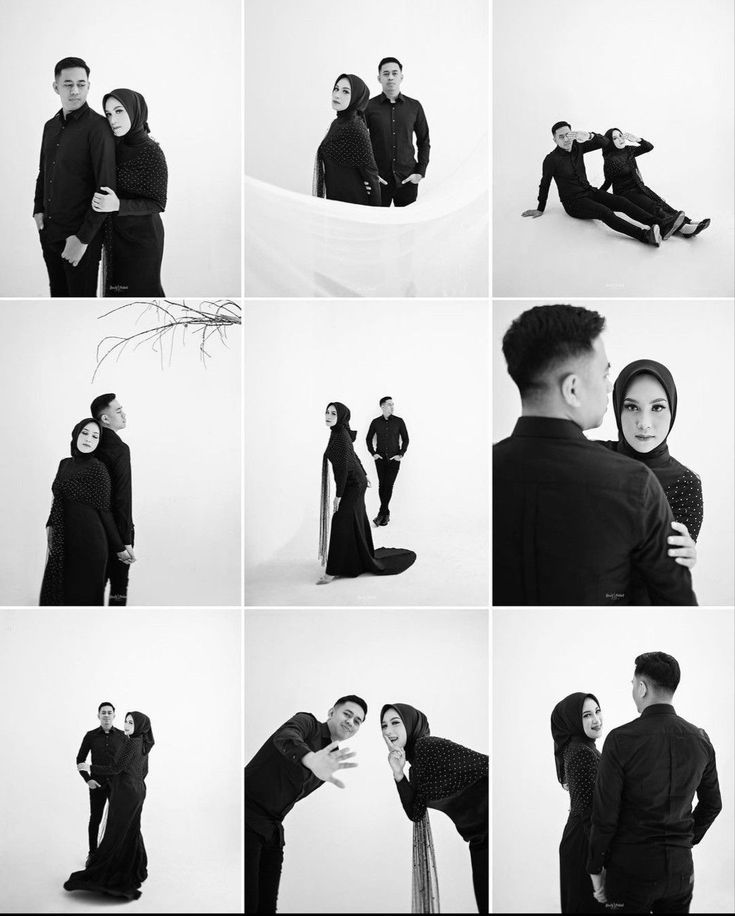 several black and white photos of people posing for different pictures, with one woman leaning on the man's shoulder